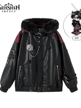 Genshin Impact Black & Dark Red Faux Leather Hooded Jacket
